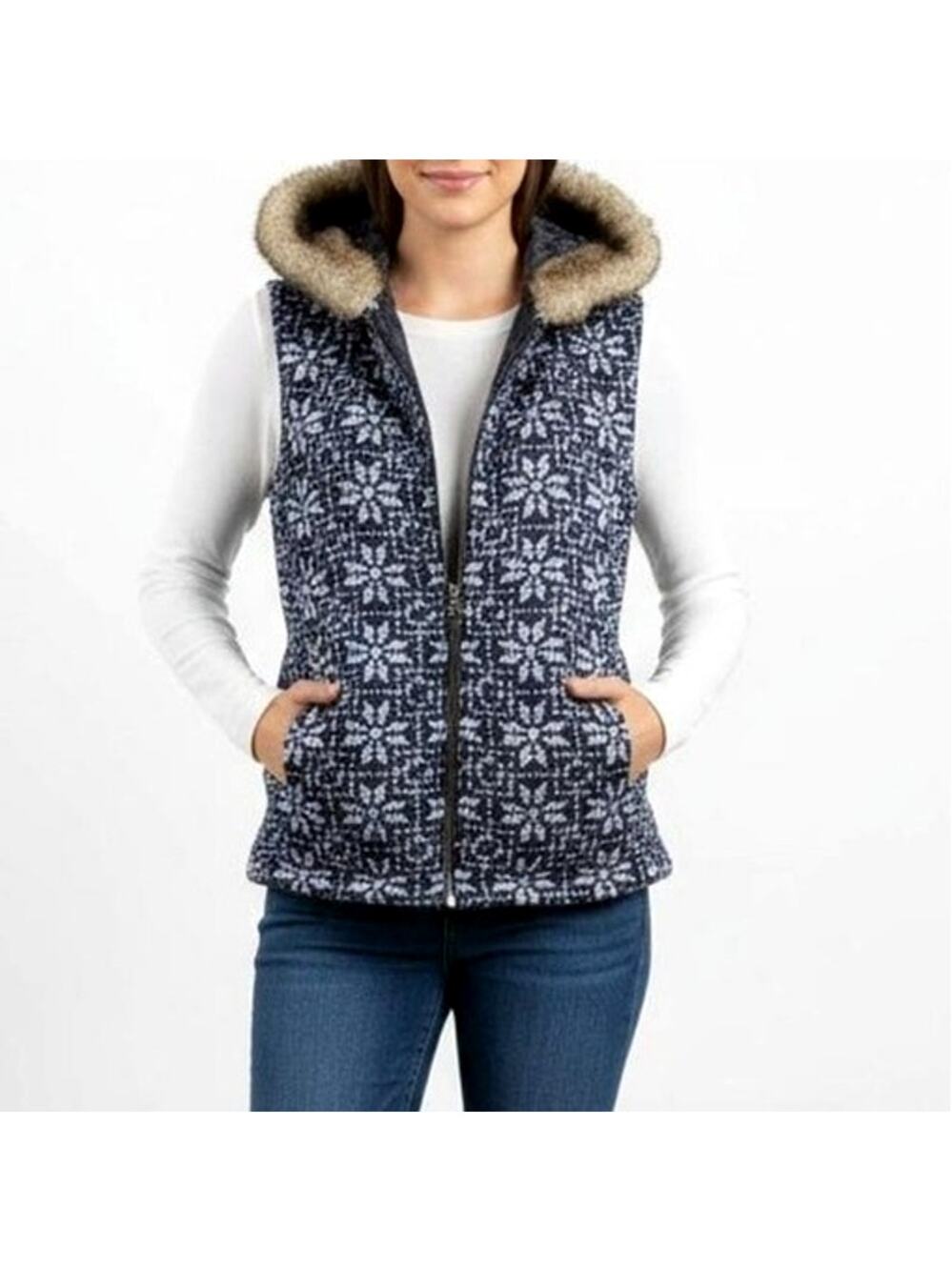 Talbots Fair Isle Knit Zip Front Vest Faux Fur Hood Blue White XL Cozy Layering